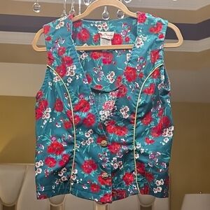Kay Brandon Vintage Cotton Vibrant Floral Sleeveless Vest Green and Red